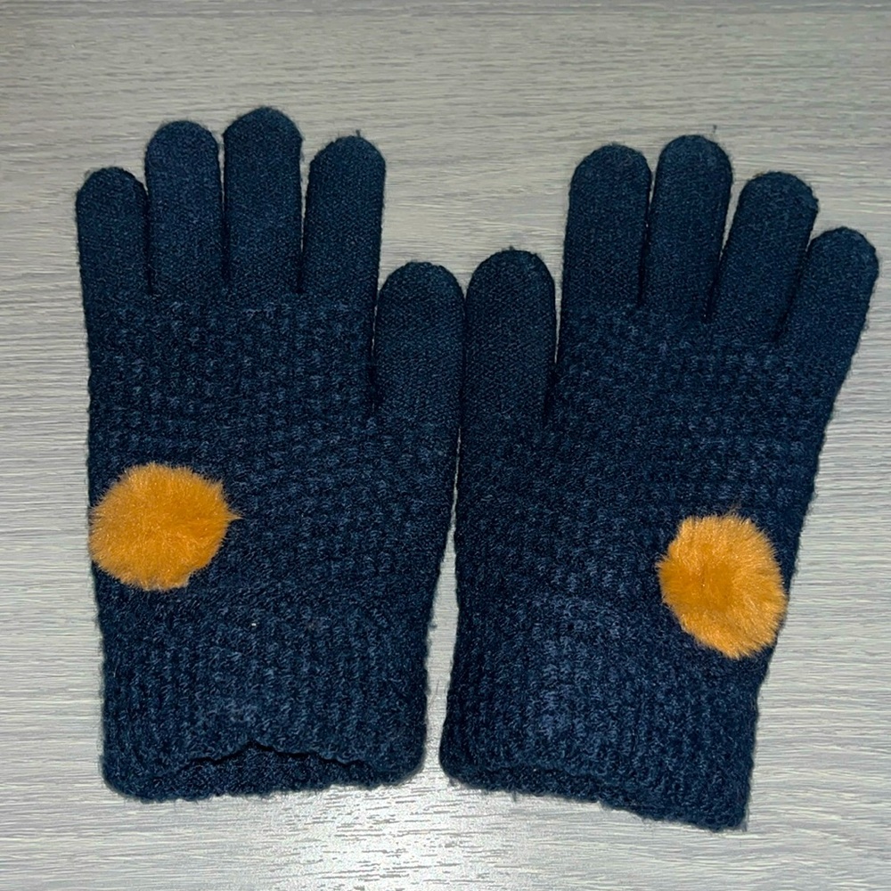Anthropologie Navy Gloves with Brown PomPom, Never worn, like new